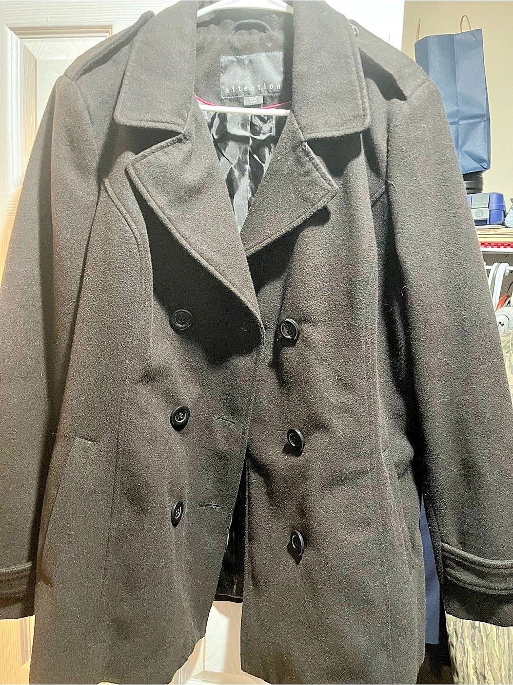 attention Double-Breasted Pea Coat in Black Large Like New